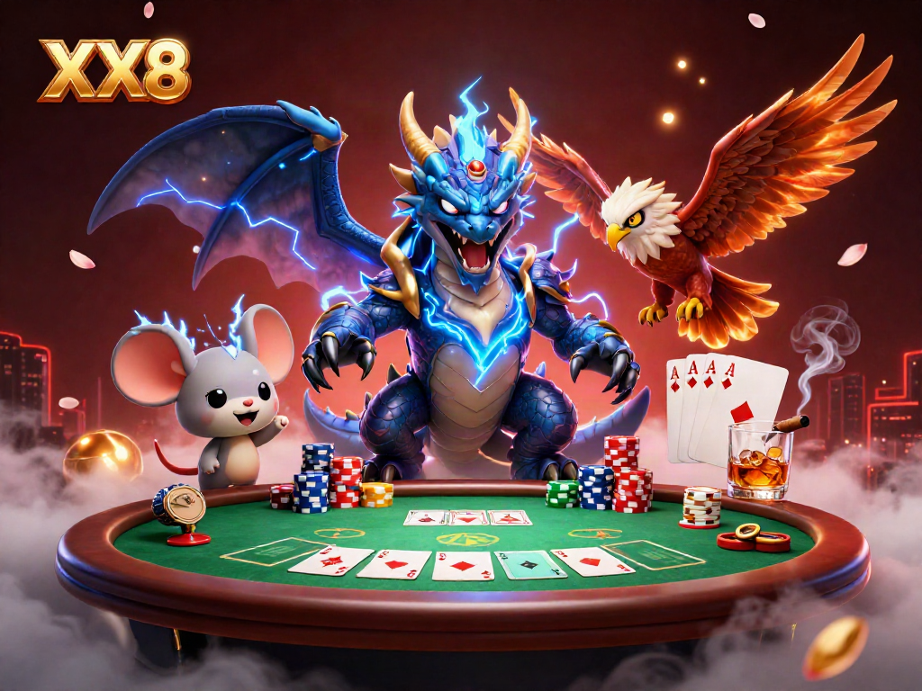 Engage with an electrifying XX8-themed poker scene showcasing thrilling wins and vibrant casino visuals.