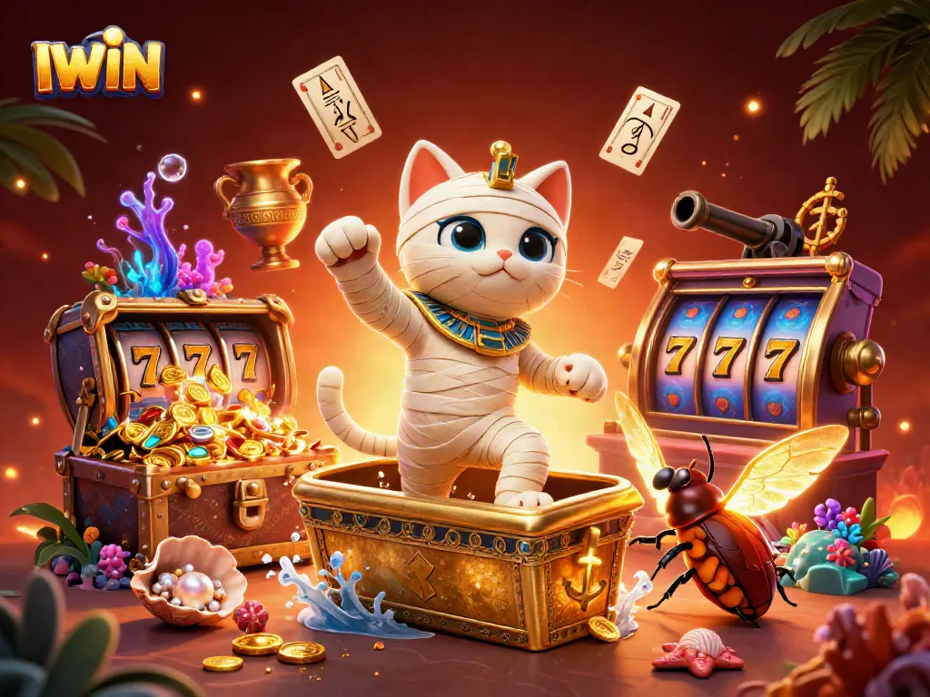 IWIN brings the excitement of slots to life with a dynamic casino scene featuring a mummy cat and treasures.
