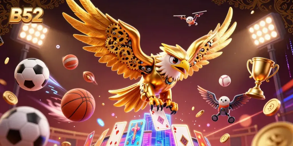 Experience the thrill of B52 gaming with high-energy visuals of a cybernetic eagle amidst dynamic sports elements.