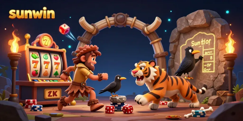 Experience thrilling gameplay at sunwin with interactive slots and vibrant characters in a prehistoric setting.