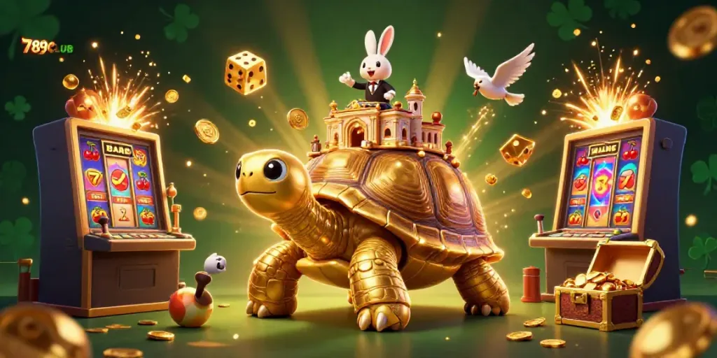 Experience thrilling action at 789CLUB with golden tortoise and rabbit dealer in vibrant casino scene.