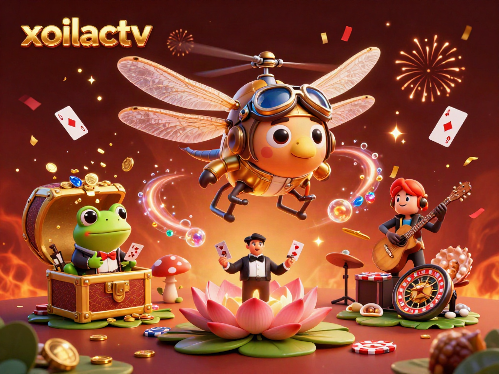 Experience immersive gaming action at xoilactv with dynamic casino characters, vibrant visuals, and sparkling elements.