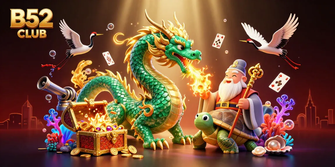 Engage in thrilling slots at B52 CLUB with a dazzling jade dragon and treasures.