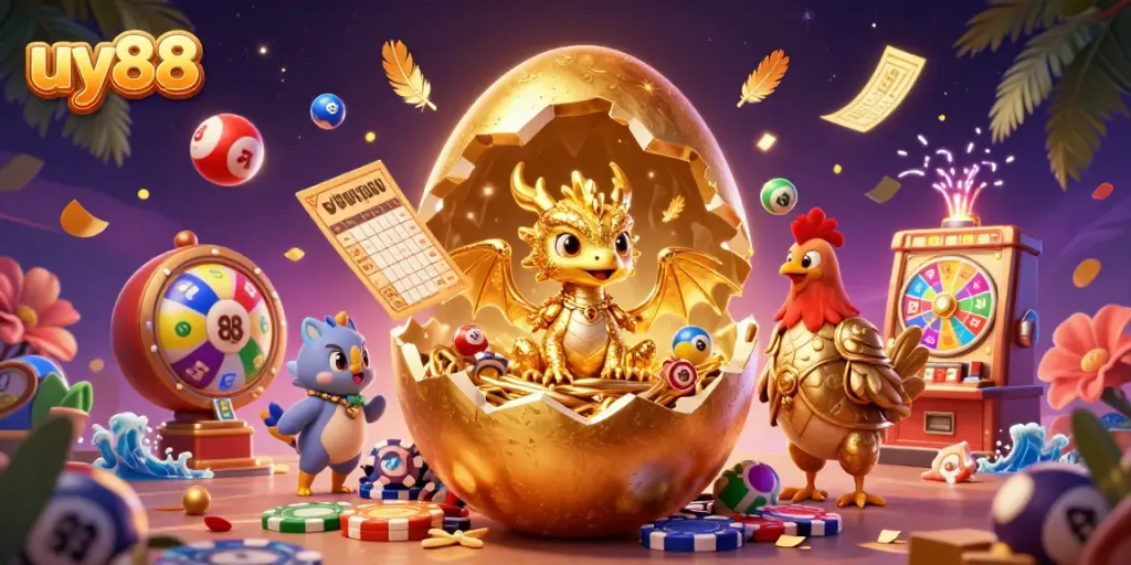 Experience the excitement of uy88 as a golden dragon emerges from a luxurious nest of poker chips amidst vibrant casino elements.