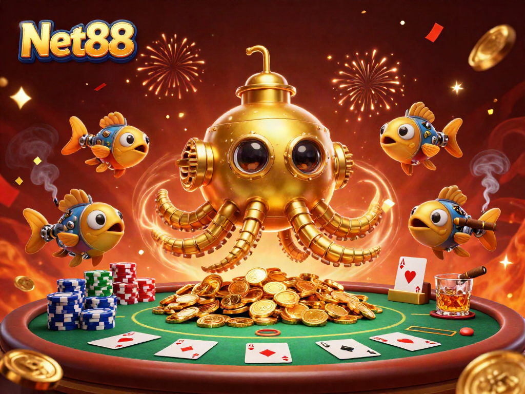 Engage in exhilarating gameplay with Net88's vibrant 3D casino experience featuring a golden kraken and poker elements.