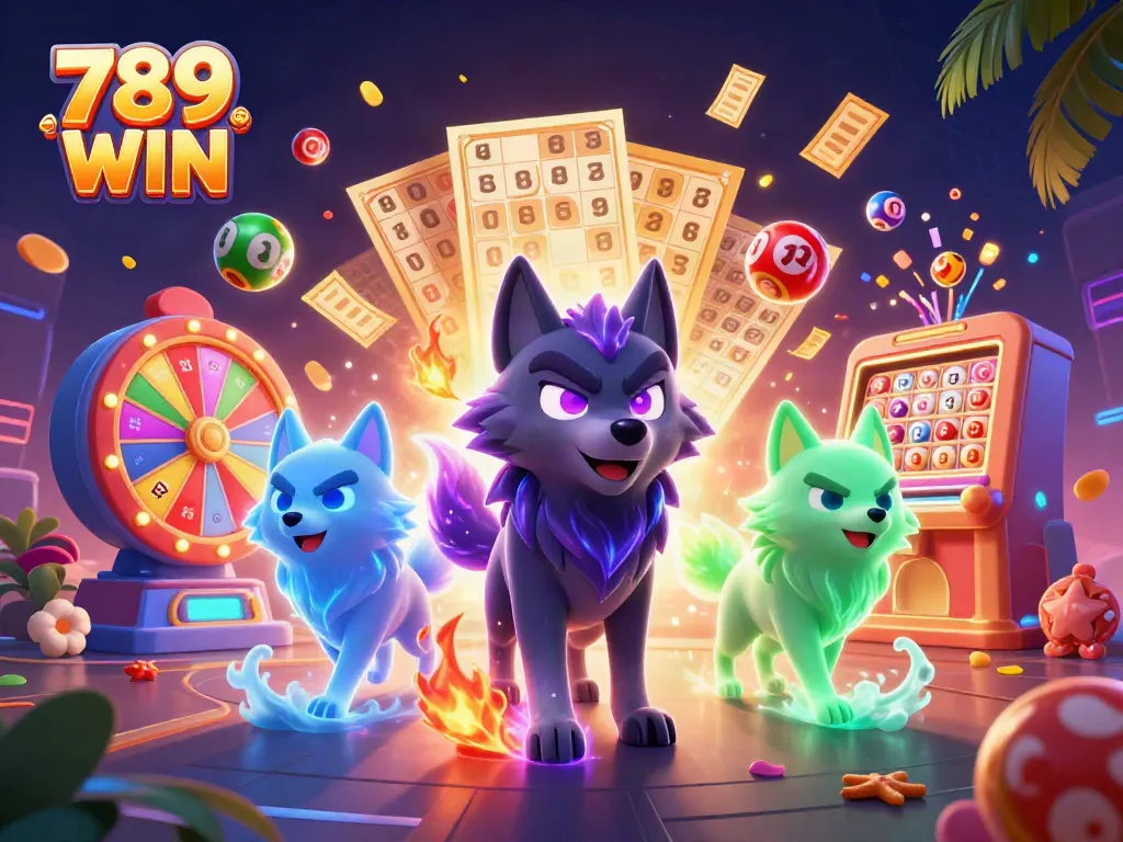 Engage with 789 WIN's vibrant lottery scene featuring ghostly wolves and dynamic game elements.
