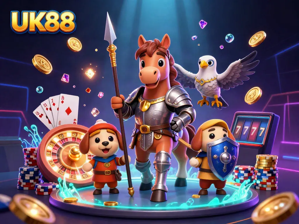 Experience thrilling gameplay at UK88 with our vibrant knight and puppy characters in an ultra-detailed casino scene.