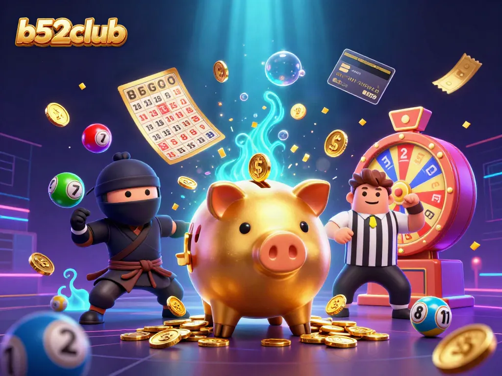Bets come alive at b52club with dynamic scenes featuring colorful lottery balls and thrilling casino characters.