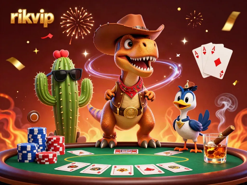 Engage in vibrant celebrations at rikvip with a 3D cartoon dinosaur and friends playing poker.