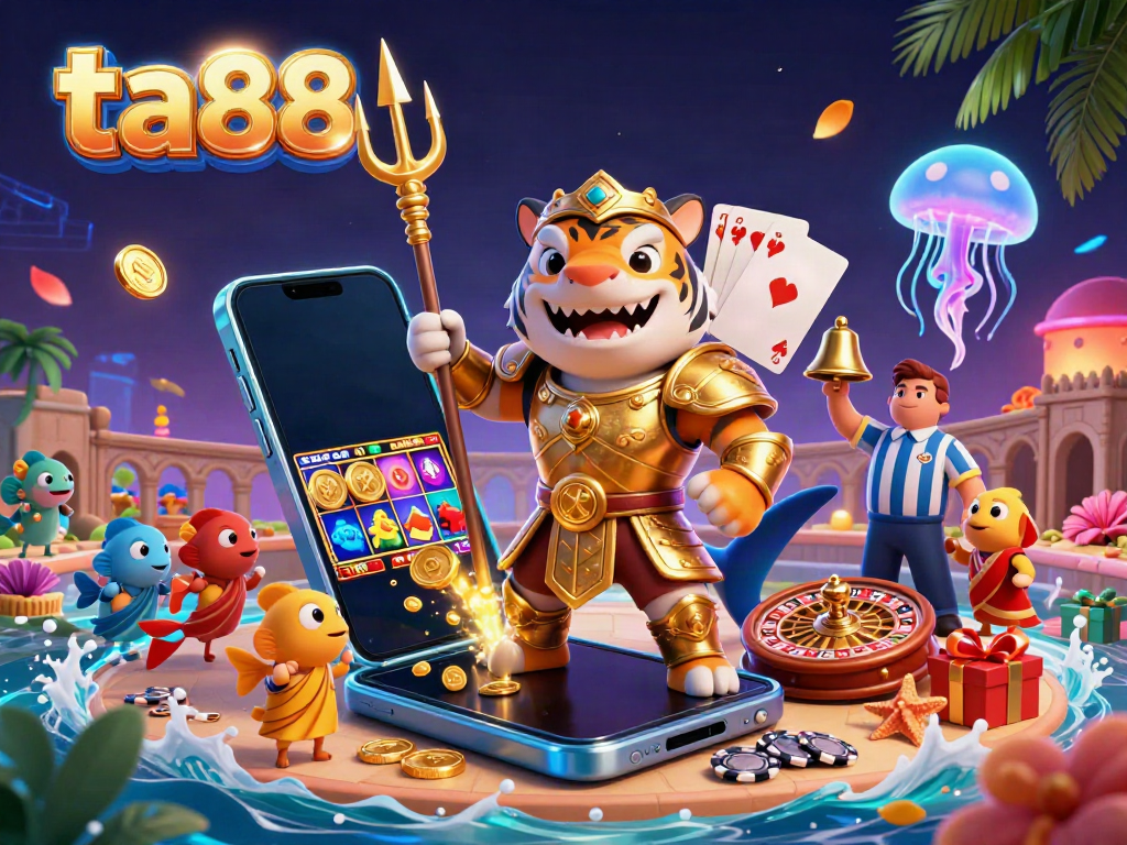 Experience ta88 excitement with a dynamic underwater casino scene featuring a gladiator shark and lively gambling elements.