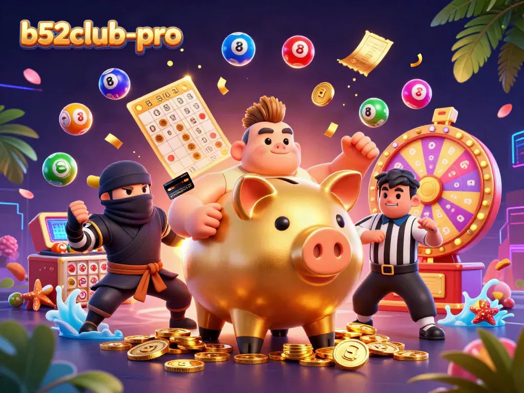 Experience excitement with b52club-pro as a golden piggy bank sumo wrestler stirs a cascade of coins!