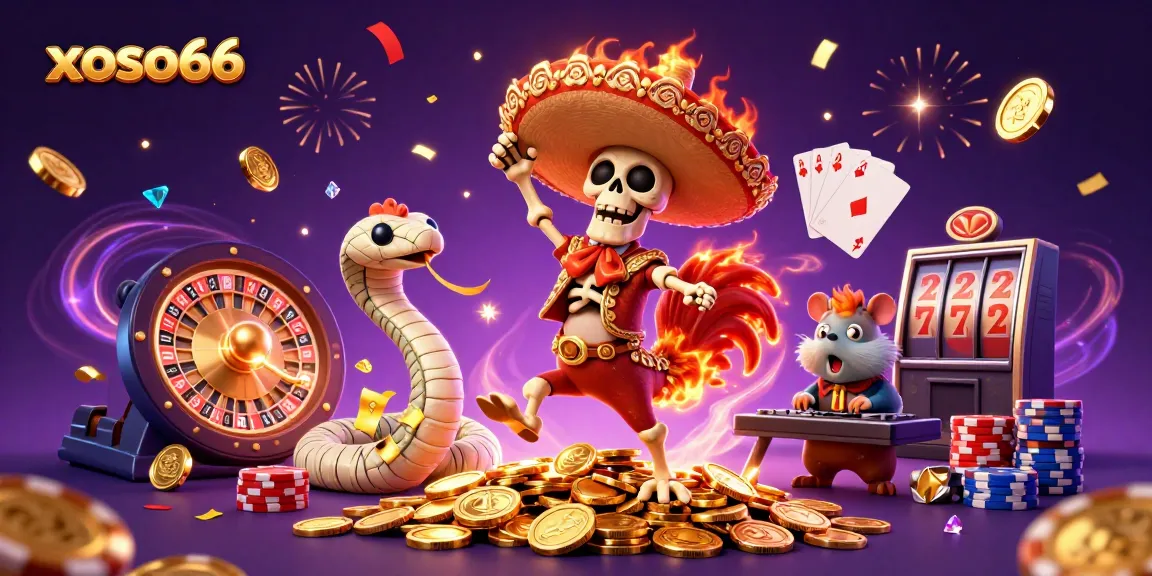 Experience the vibrant world of xoso66 with a festive 3D illustration showcasing dynamic casino elements and characters!