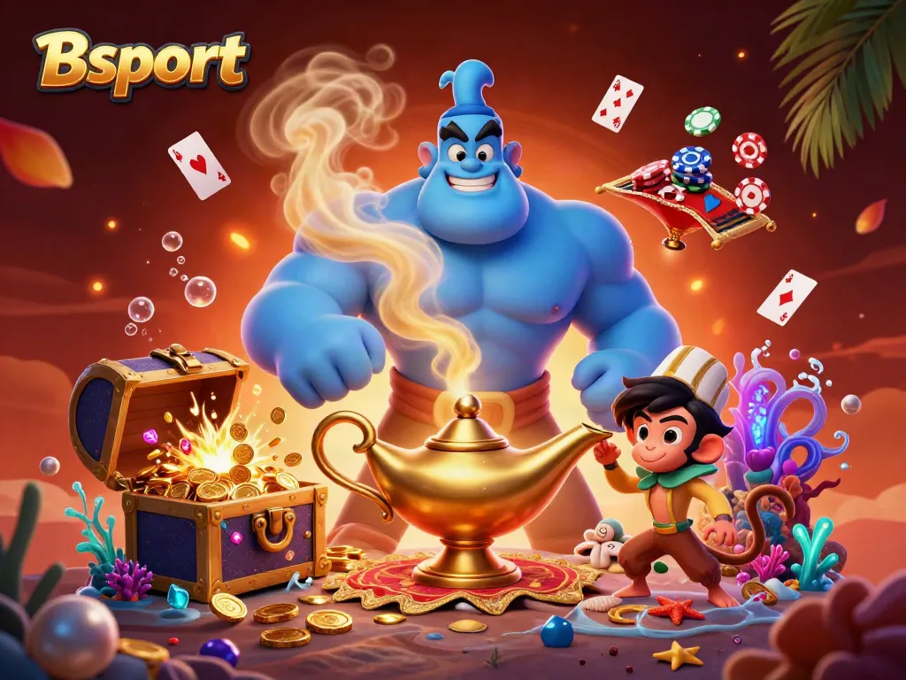 Experience the thrill of Bsport with a blue genie and poker chips in an enchanting casino setting.
