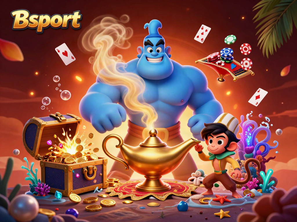 Experience the thrill of Bsport with a blue genie and poker chips in an enchanting casino setting.