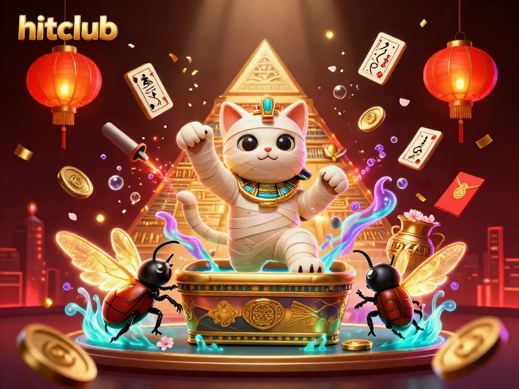 Join the excitement of hitclub with Egyptian-decorated gaming in a dynamic casino scene featuring a mummy cat and golden elements.