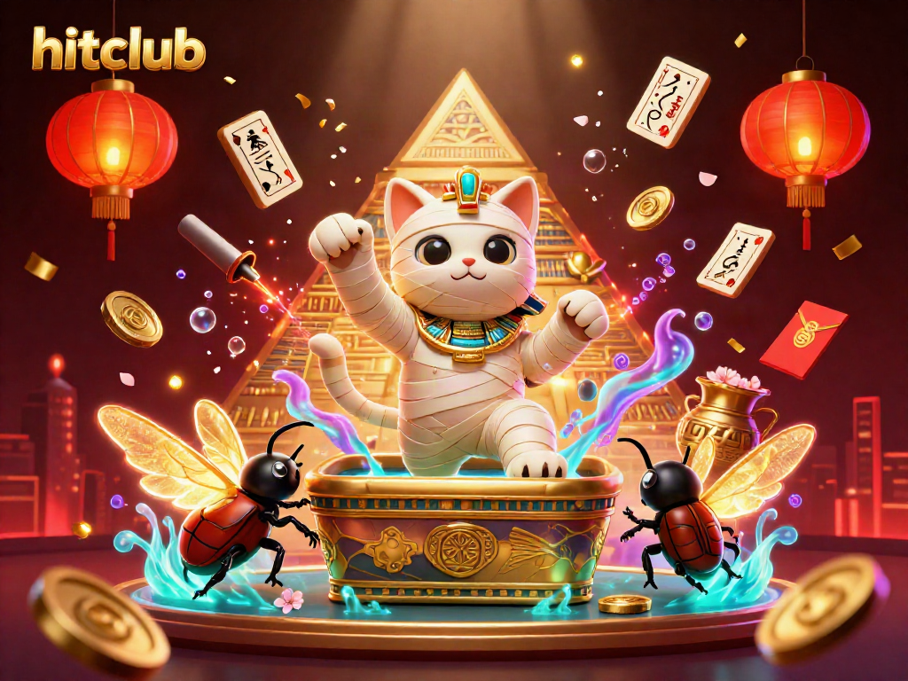Join the excitement of hitclub with Egyptian-decorated gaming in a dynamic casino scene featuring a mummy cat and golden elements.