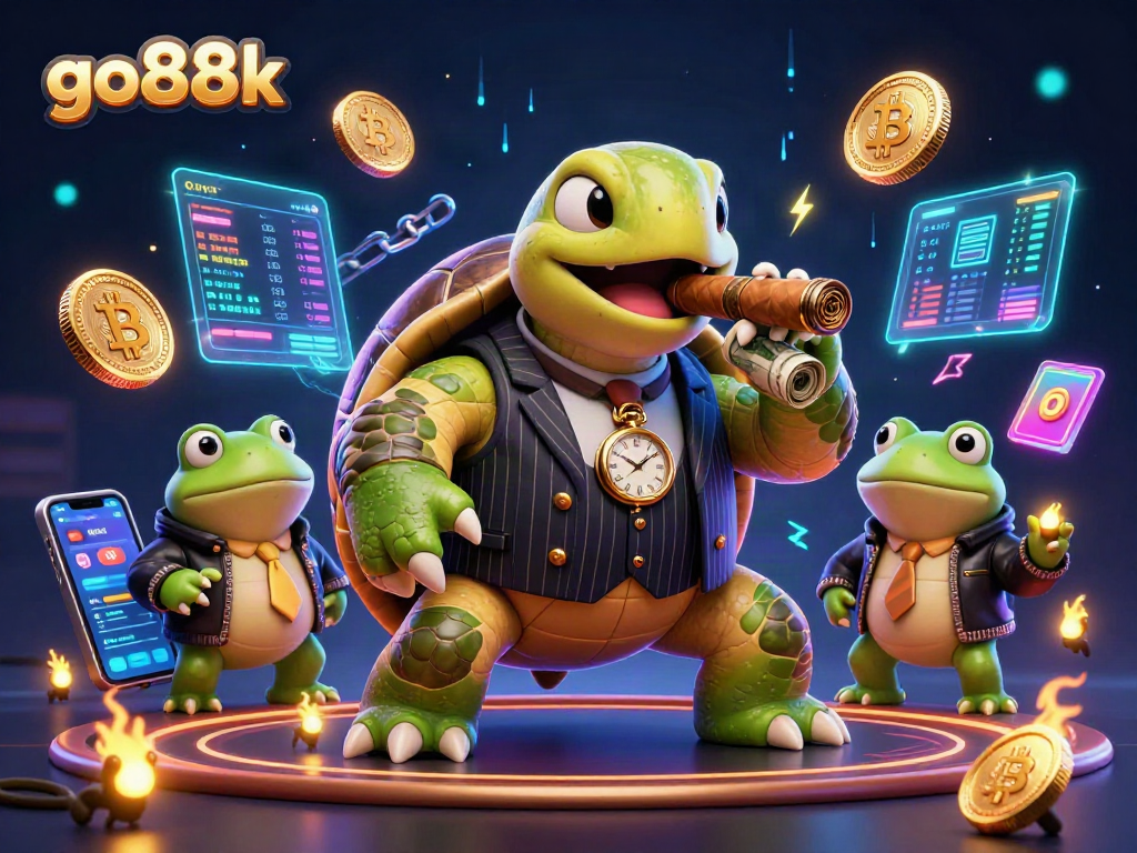 Experience vibrant gaming action at go88k with a whimsical casino scene featuring a vintage mobster turtle.