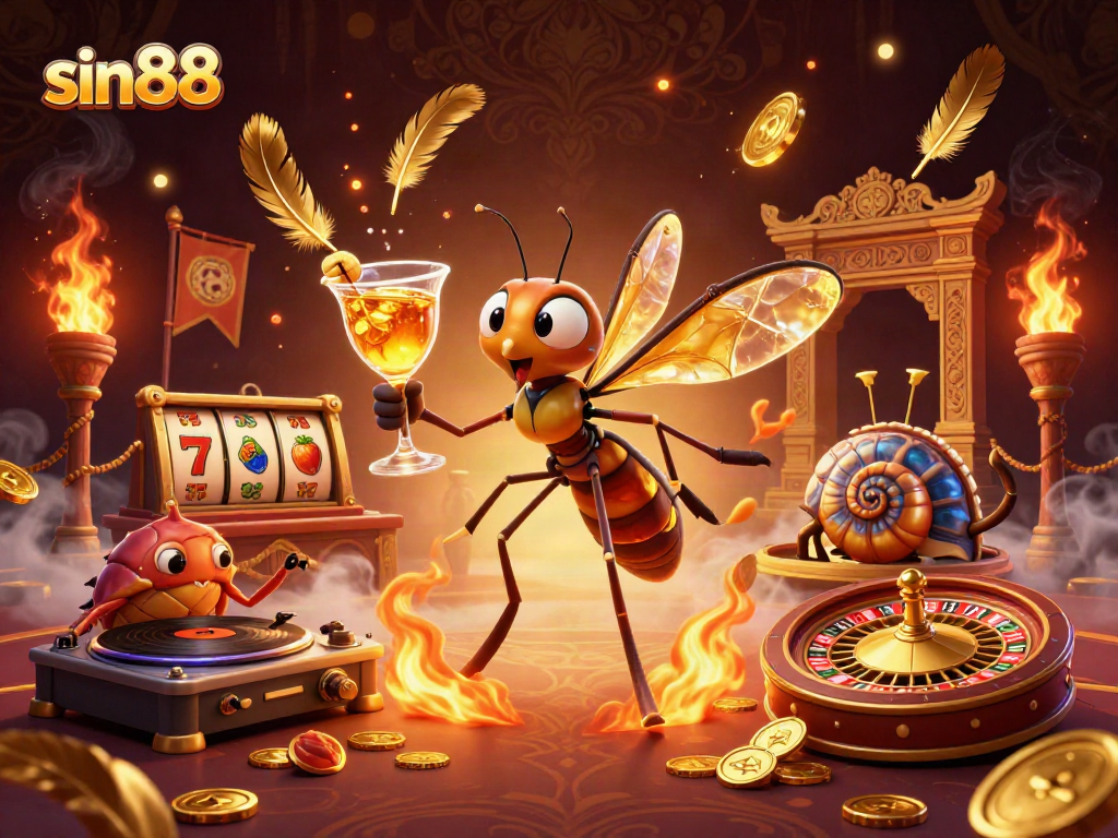 Experience sin88's vibrant casino atmosphere with a lively 3D illustration featuring iconic characters.