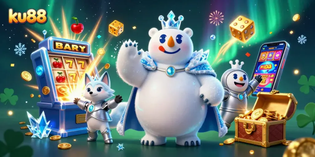ku88 jackpots burst from slot machines, featuring an ice king polar bear and mystical fox in a lively casino