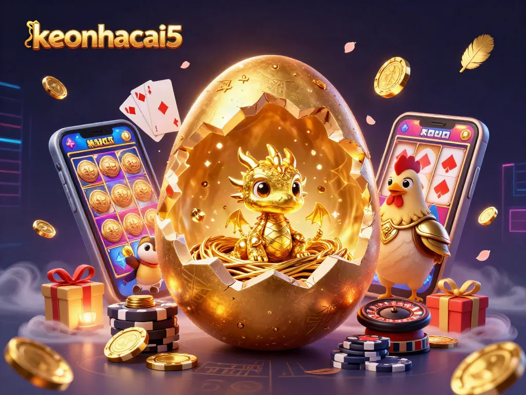 Engage with keonhacai5 as a golden dragon emerges from a treasure of poker chips amidst vibrant casino elements.