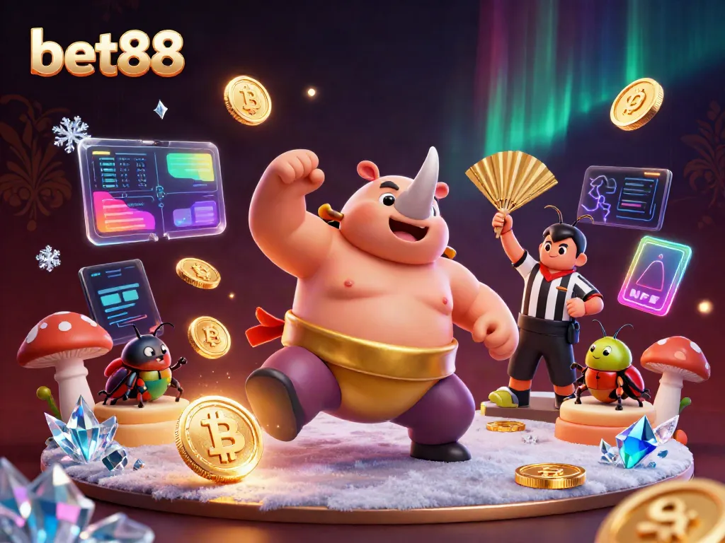 Experience the excitement of betting with bet88 in this vibrant 3D illustration featuring a sumo beetle champion.