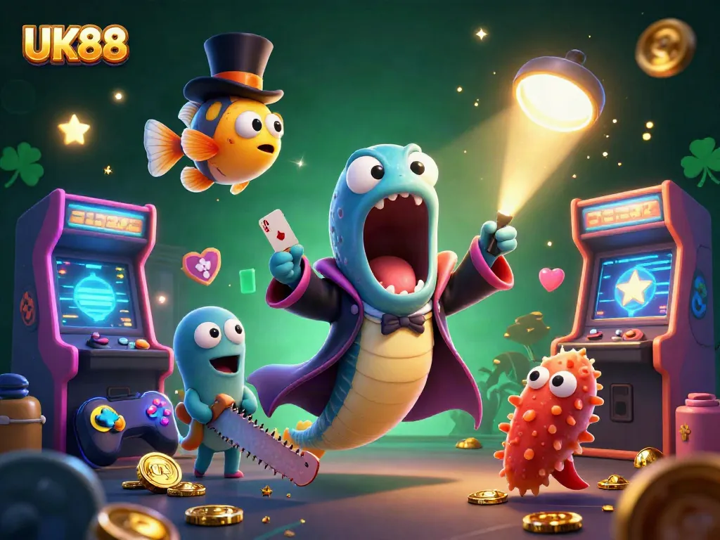Play exciting card tricks with UK88's vibrant casino-themed world featuring imaginative sea creatures.