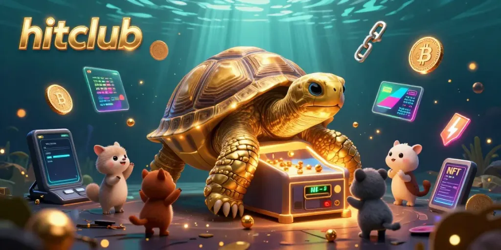 Join the fun with hitclub as adorable creatures gather around a playful pinball tortoise in a vibrant casino scene.