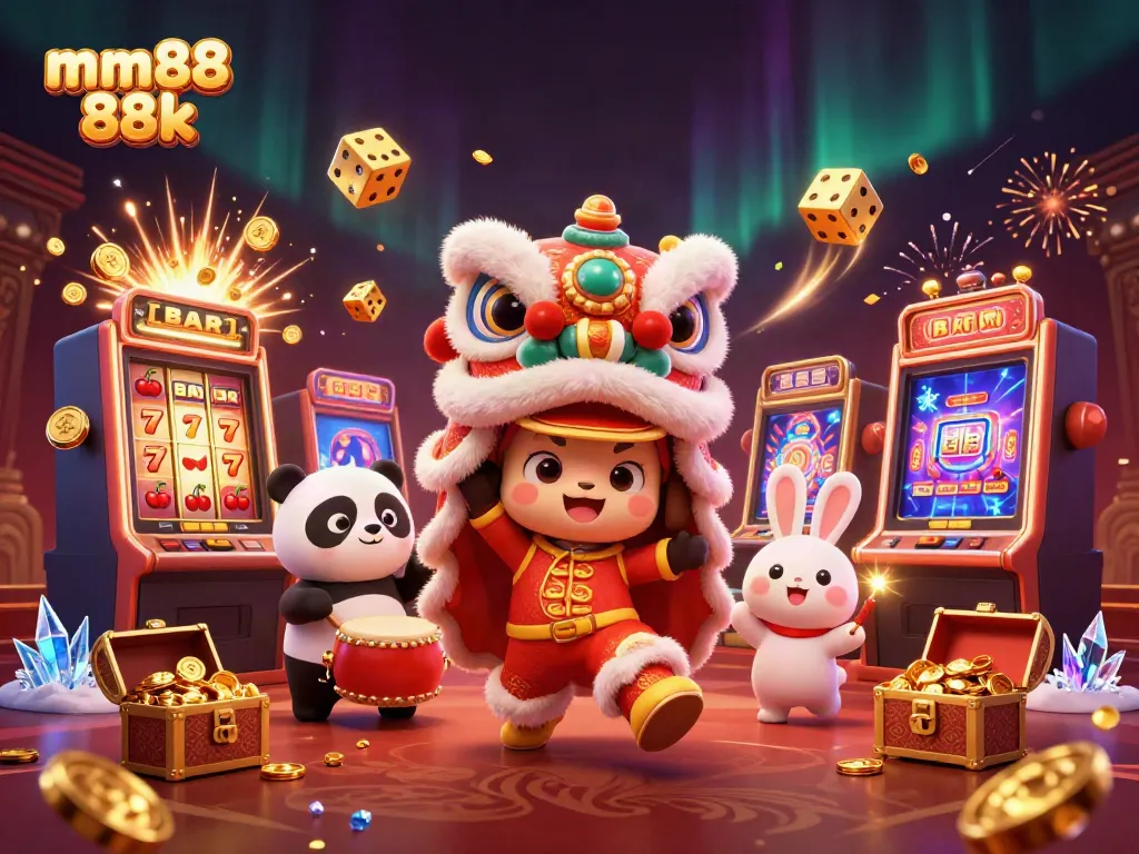 Engage in thrilling gameplay at mm88 88k featuring a lively lion dance and exciting casino elements.