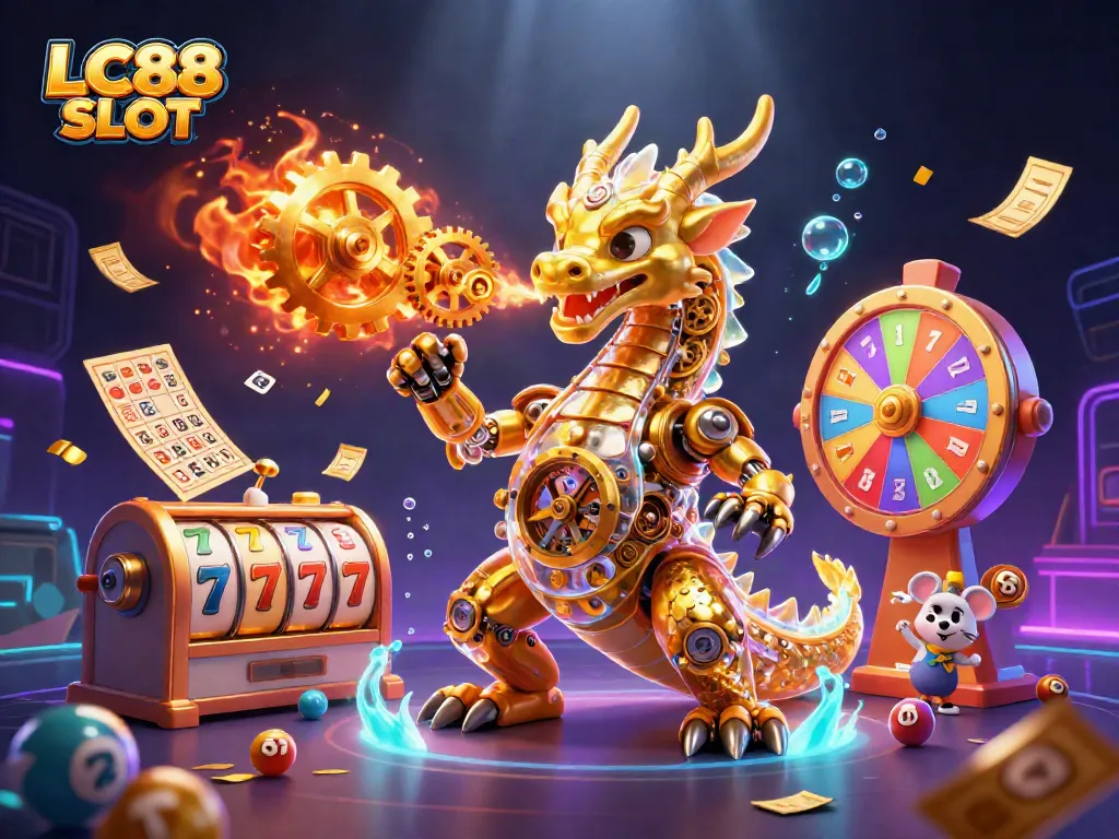 Engage with the thrilling LC88 SLOT universe featuring dynamic slot reels and cartoon characters.