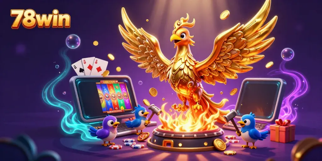 Experience excitement with the 78win golden phoenix emerging from a molten forge, surrounded by casino elements.