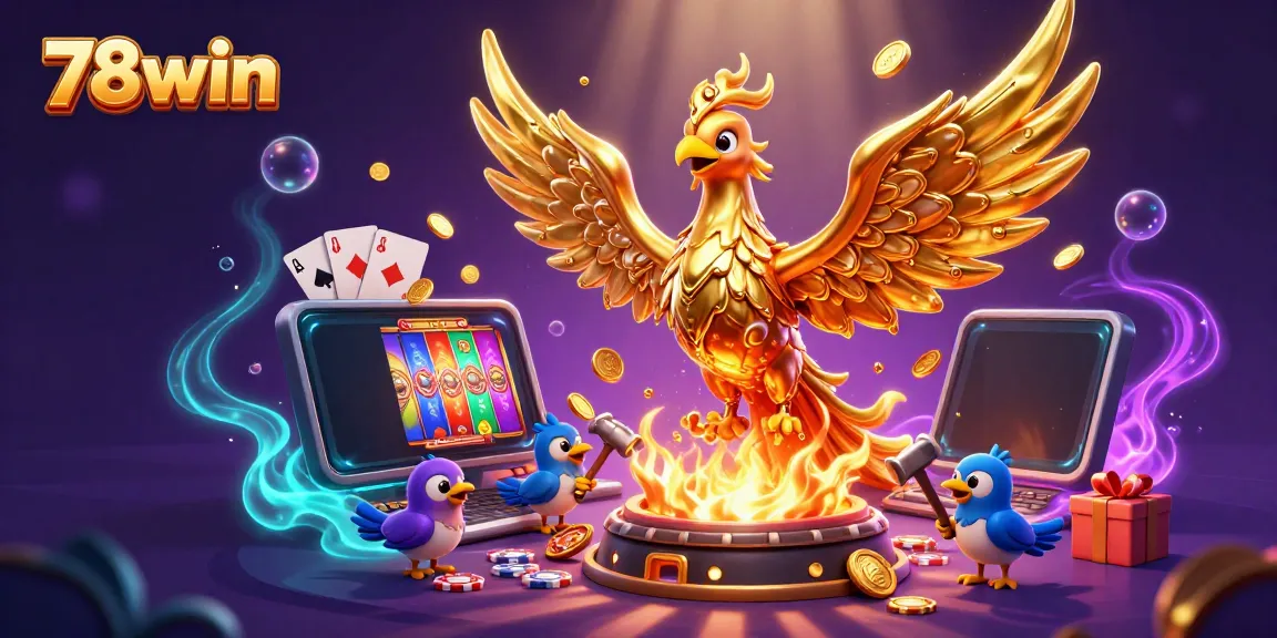 Experience excitement with the 78win golden phoenix emerging from a molten forge, surrounded by casino elements.