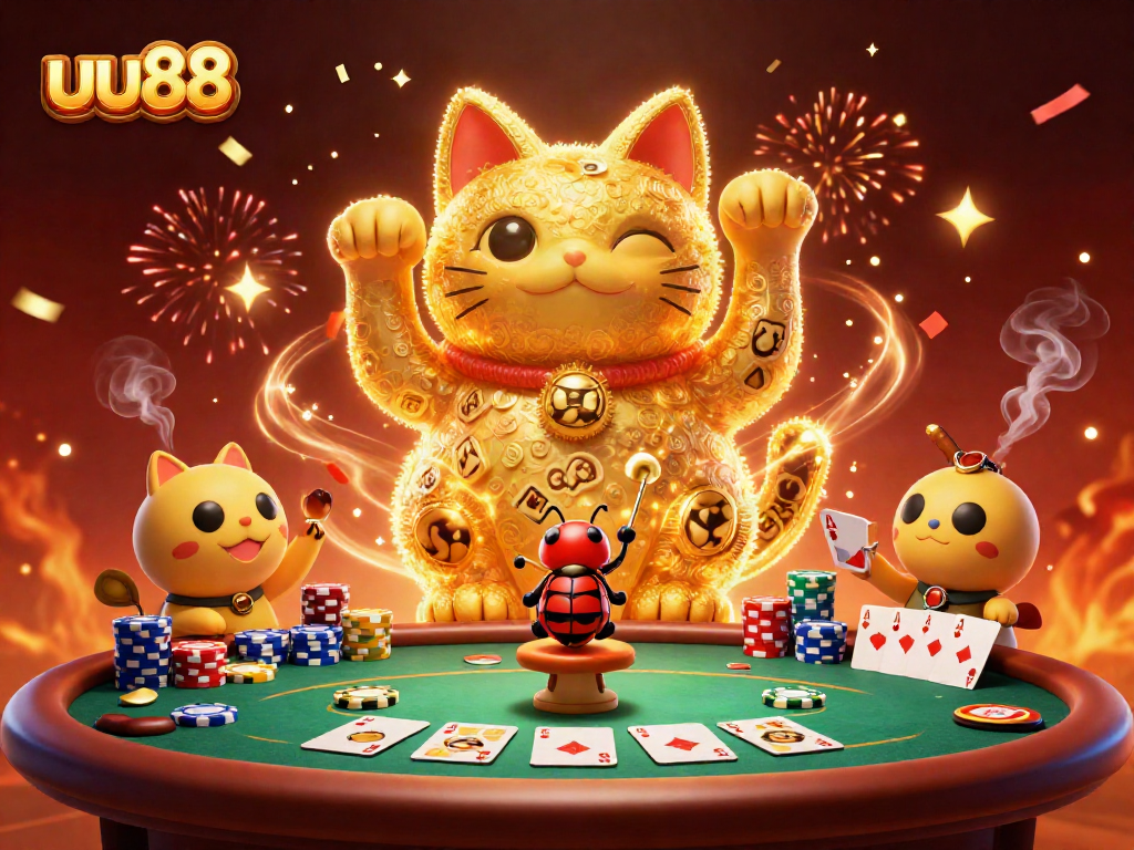 Experience the thrill of uu88 with a vibrant, festive casino scene featuring a lucky cat and dynamic game elements.