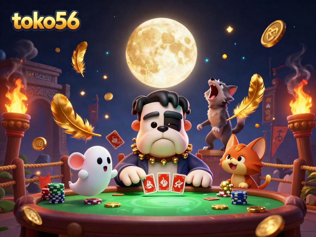 Play with luck and strategy at toko56's thrilling gambling scene featuring dynamic characters and vibrant casino elements.