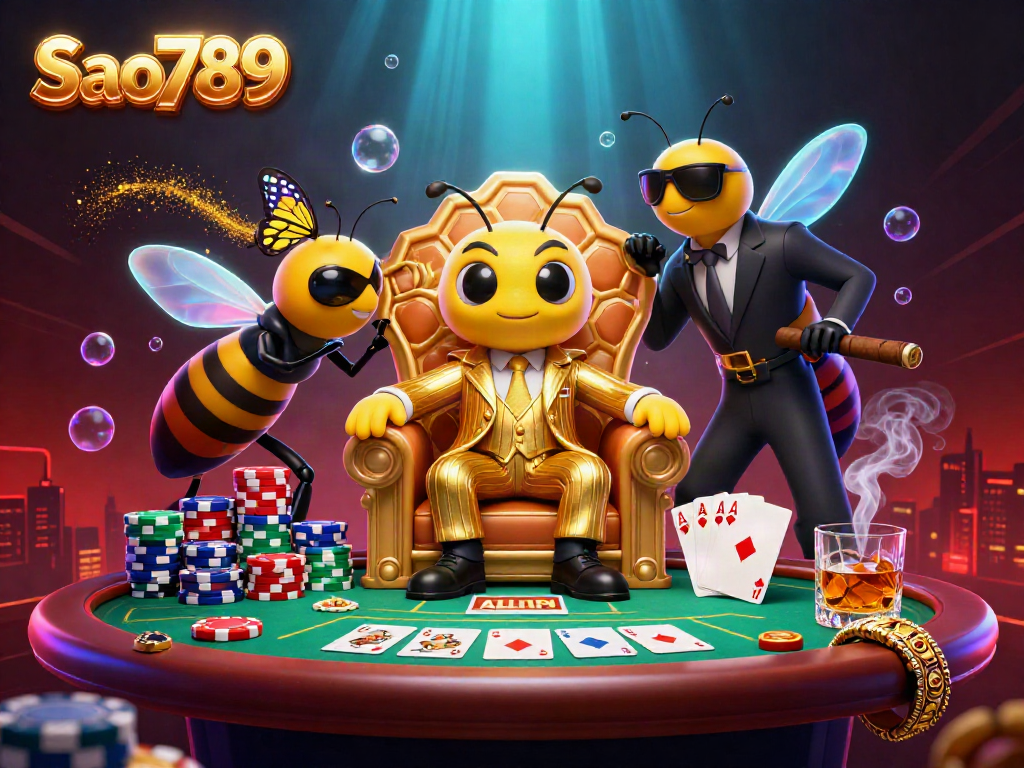 Engage with Sao789 as a bumblebee mob boss presides over a vibrant poker scene filled with excitement and action.