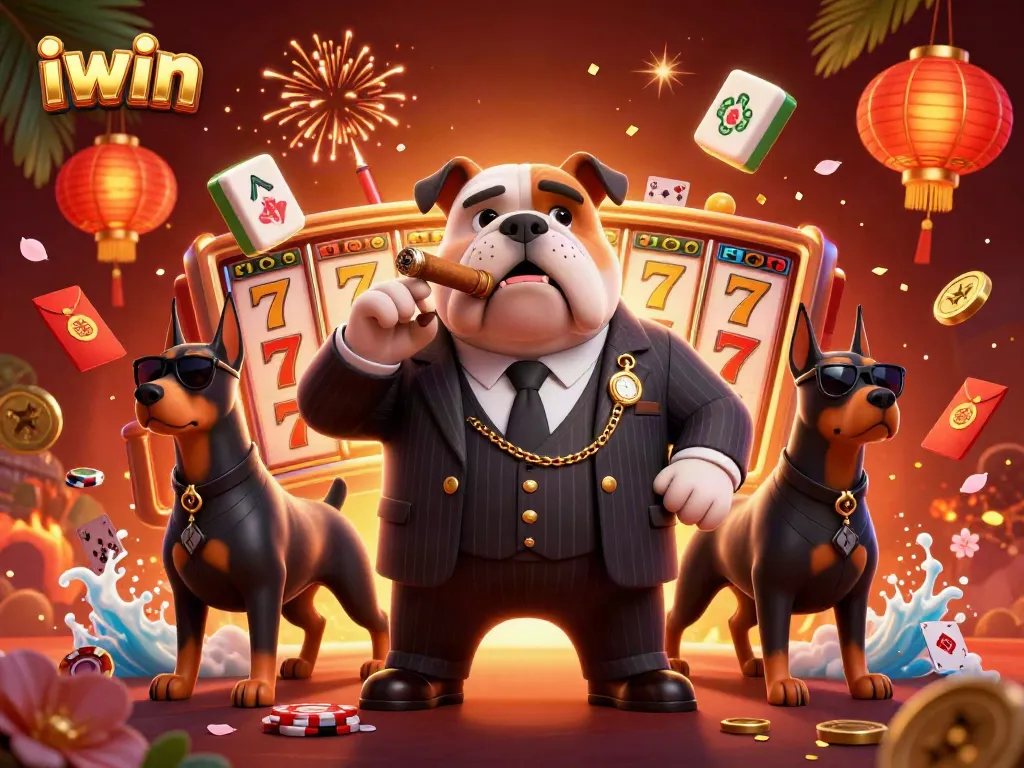 iwin branding showcases a mafia bulldog and Doberman bodyguards amidst casino elements in a vibrant illustration