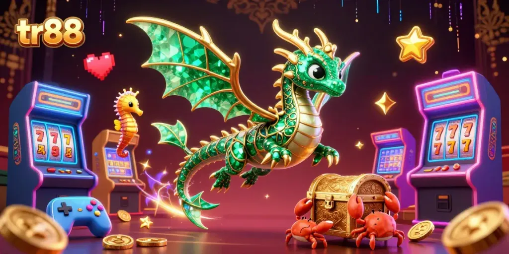 Engage with tr88's jackpot thrills featuring a shimmering sea dragon and retro slots.