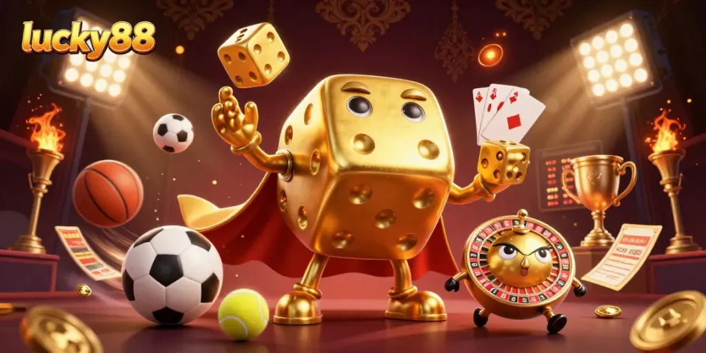 Play at lucky88 with a vibrant 3D casino scene featuring golden dice, sports elements, and dynamic action.