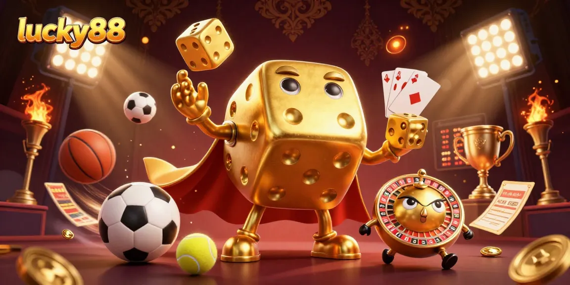 Play at lucky88 with a vibrant 3D casino scene featuring golden dice, sports elements, and dynamic action.