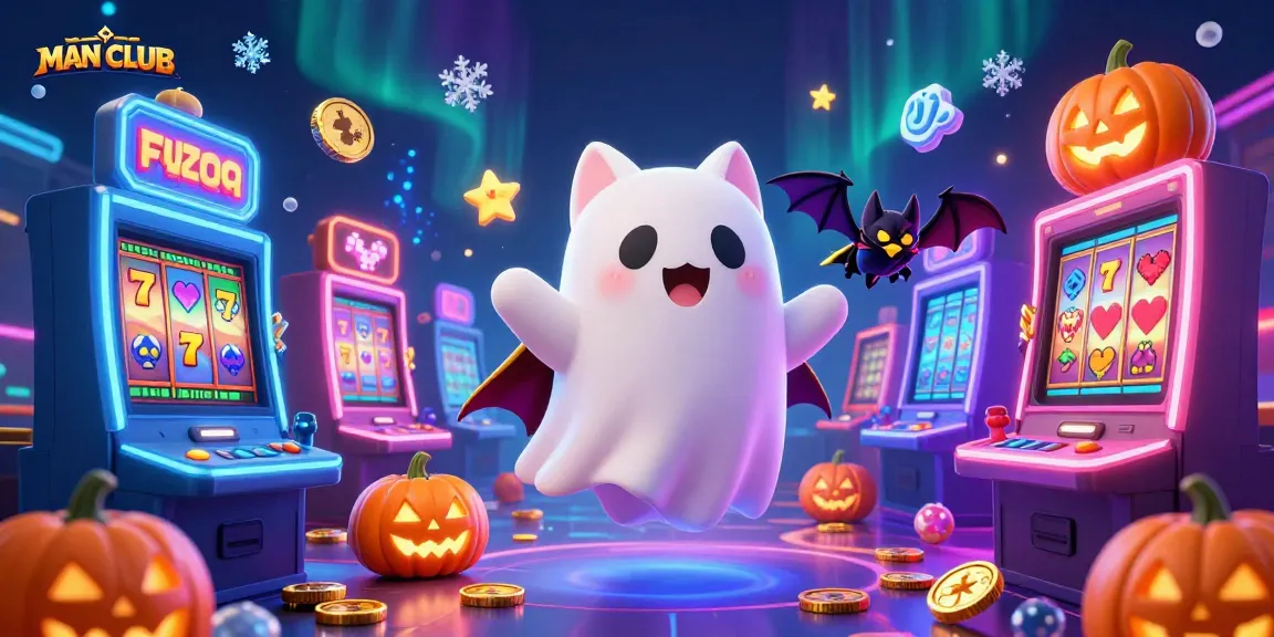 Spin the reels at MAN CLUB with a lively ghost cat and vampire bat in a vivid casino atmosphere.