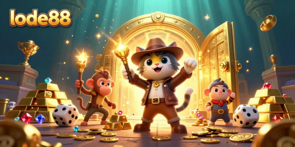 Lode88 immerses players in an exciting treasure quest with an explorer cat and monkey amidst casino riches.