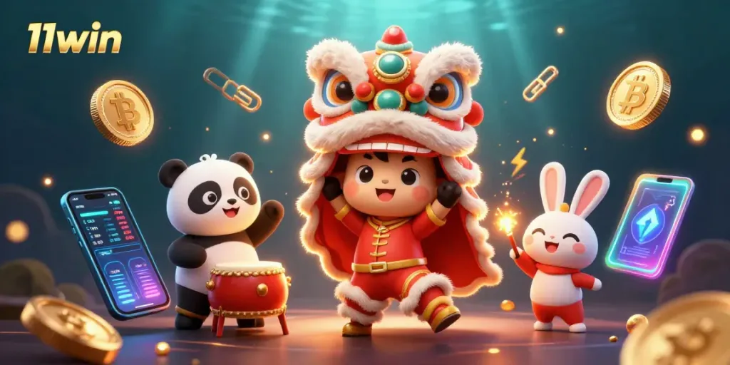 Experience thrilling gameplay with 11win's vibrant 3D casino scene filled with dazzling icons and festive characters.