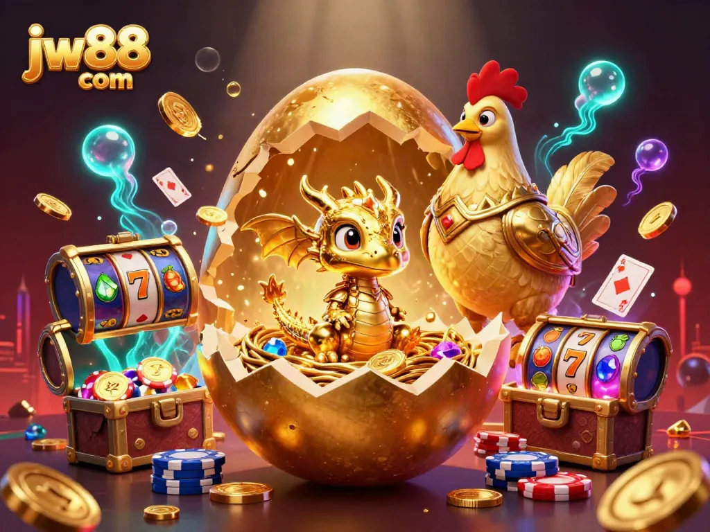 Engage in thrilling gameplay at jw88 com with vibrant casino symbols and a golden dragon.