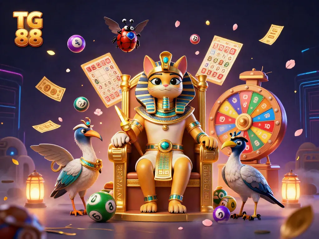 Experience the lively world of TG 88 with vibrant lottery elements and animated characters.