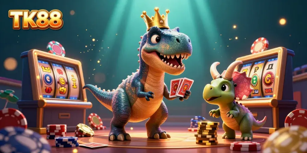 TK88 T-Rex shuffles cards in a casino scene with sparkling particles and vibrant gaming elements.
