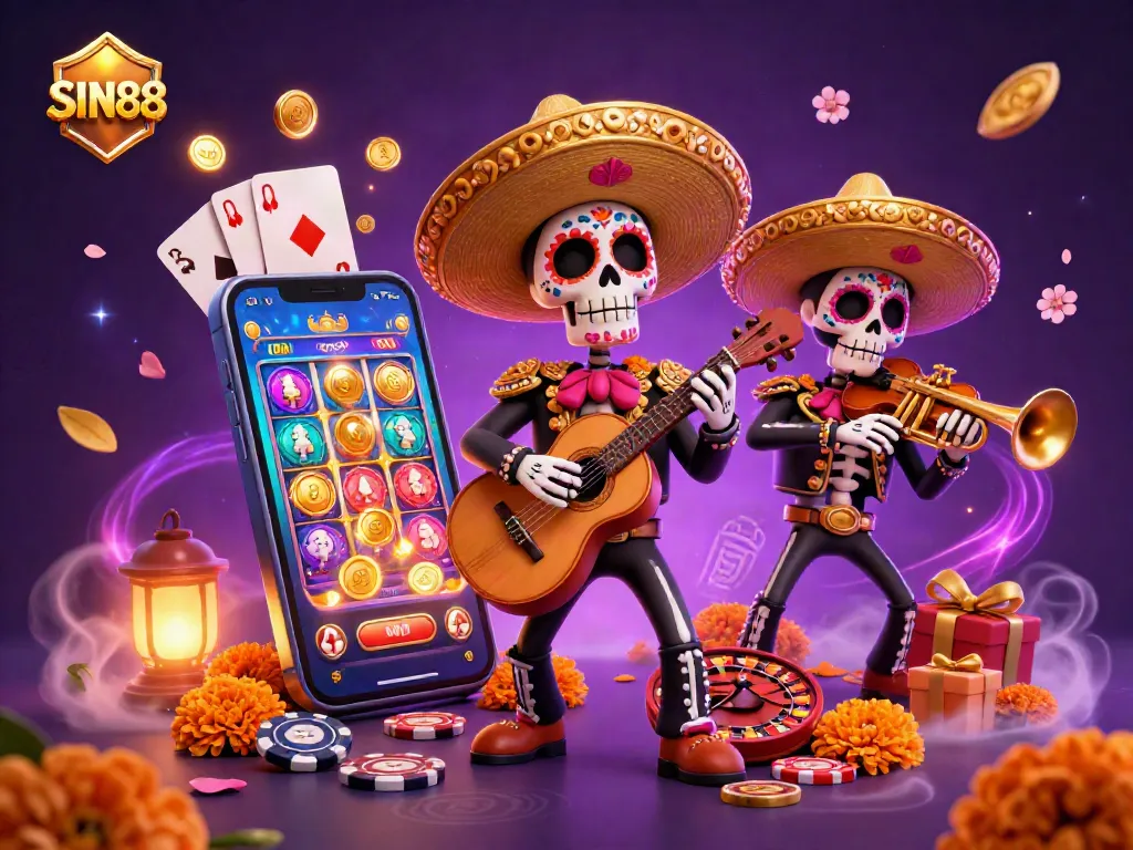 SIN88 offers thrilling gameplay with a vibrant mariachi band draped in marigolds amid a lively gambling scene.