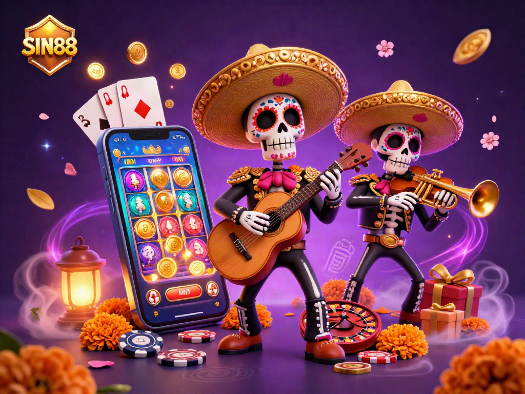 SIN88 offers thrilling gameplay with a vibrant mariachi band draped in marigolds amid a lively gambling scene.