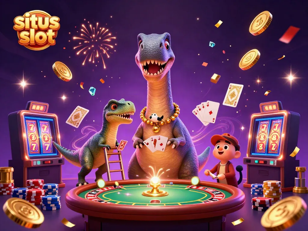Experience the excitement of situs slot with a whimsical 3D scene of a brontosaurus and clever raptor at a vibrant casino.