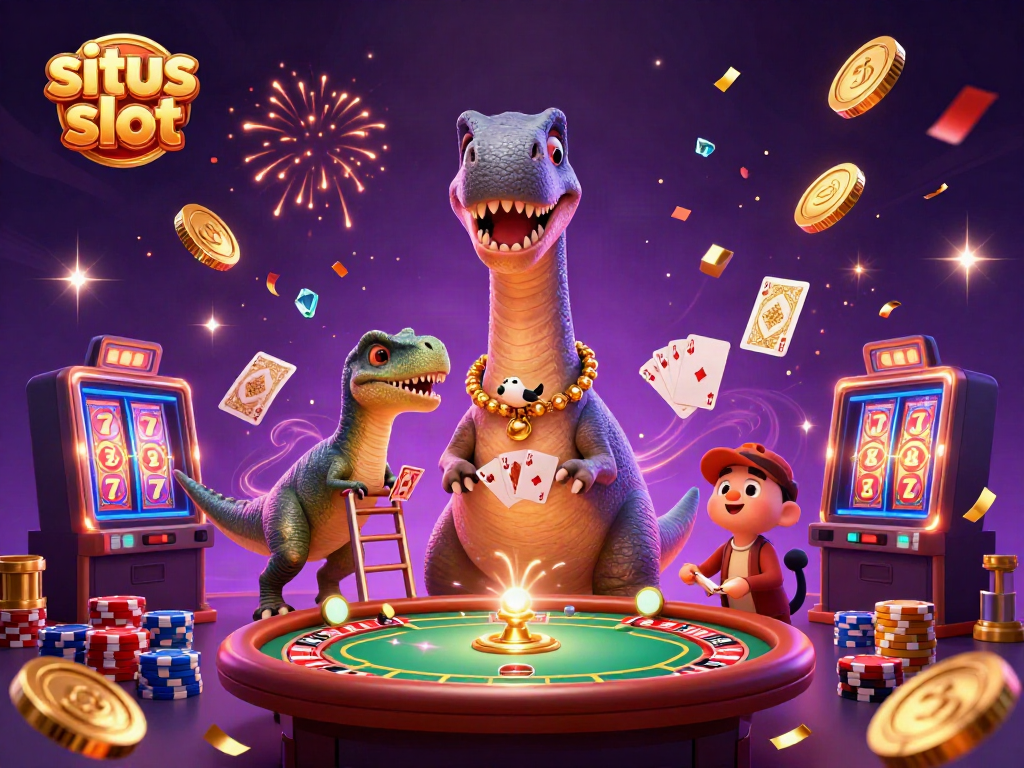 Experience the excitement of situs slot with a whimsical 3D scene of a brontosaurus and clever raptor at a vibrant casino.
