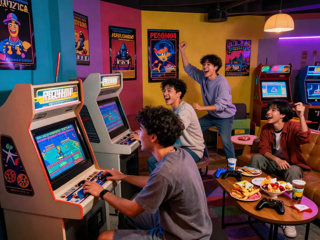 Friends enjoying PECAH404 retro gaming experience with arcade cabinet and snacks.