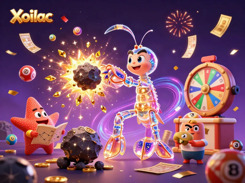 Xoilac captivates with a vibrant scene of a galactic mantis shrimp fighting through riches in a colorful casino setting.